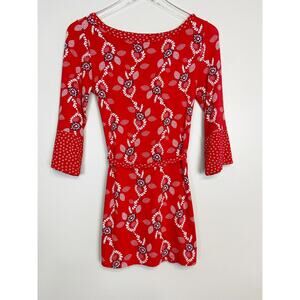 Boden Red Paisley Floral Mixed Print 3/4 Sleeve Tie Waist Size Petite 4 4P